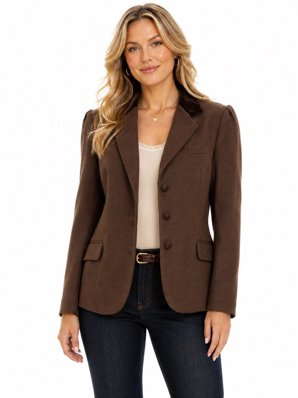 Vintage ‘80s Chaus Brown Wool Single Breasted Blazer w/ Built-In Shoulder Pads